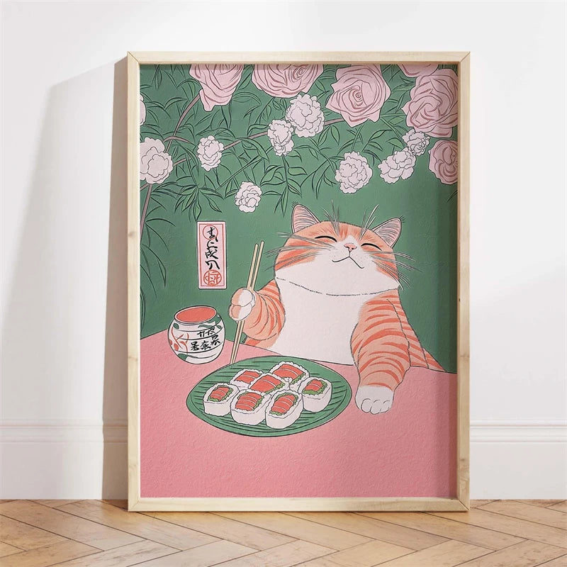 Japanese Ukiyo-e Style Funny Black Cat Bathroom Poster Print Canvas Painting Wall Art Picture for Kitchen Bathroom Home Decor