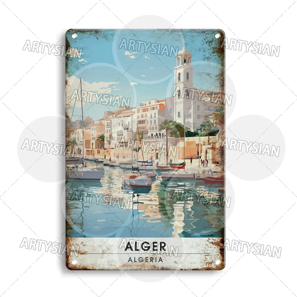 Maghreb Travel Cityscape Metal Sign Egypt Algiers Algeria Djerba Tunisia Marrakesh Morocco Alger Hoggar Oran Casablanca Agadir