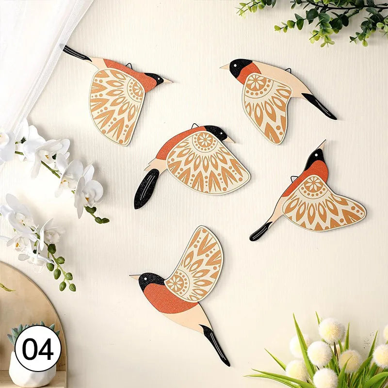 5Pcs Wooden Bird Wall Decor Hollow Out Bird Sculpture Art Vintage Decor Living Room Kitchen Wall Hanging Figurines Ornament