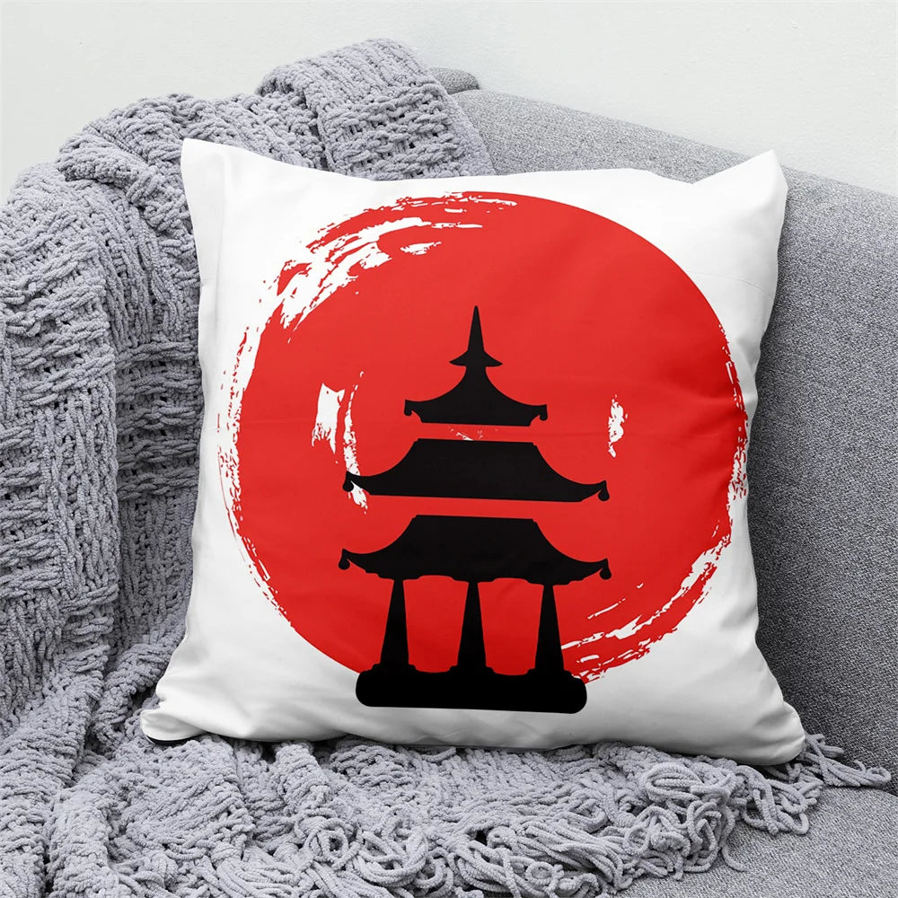 Lucky Cat Japanese Style Sofa Bed Decorative Pillow Cover Home Decor Mount Fuji  Art Cushion