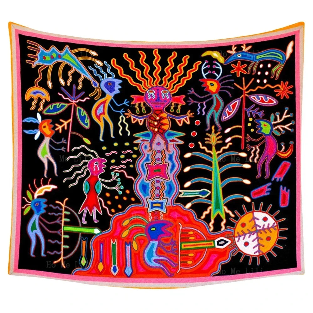 Huichol Sun & Moon Yarn Art Tapestry — Mexican Folk Wall Décor
