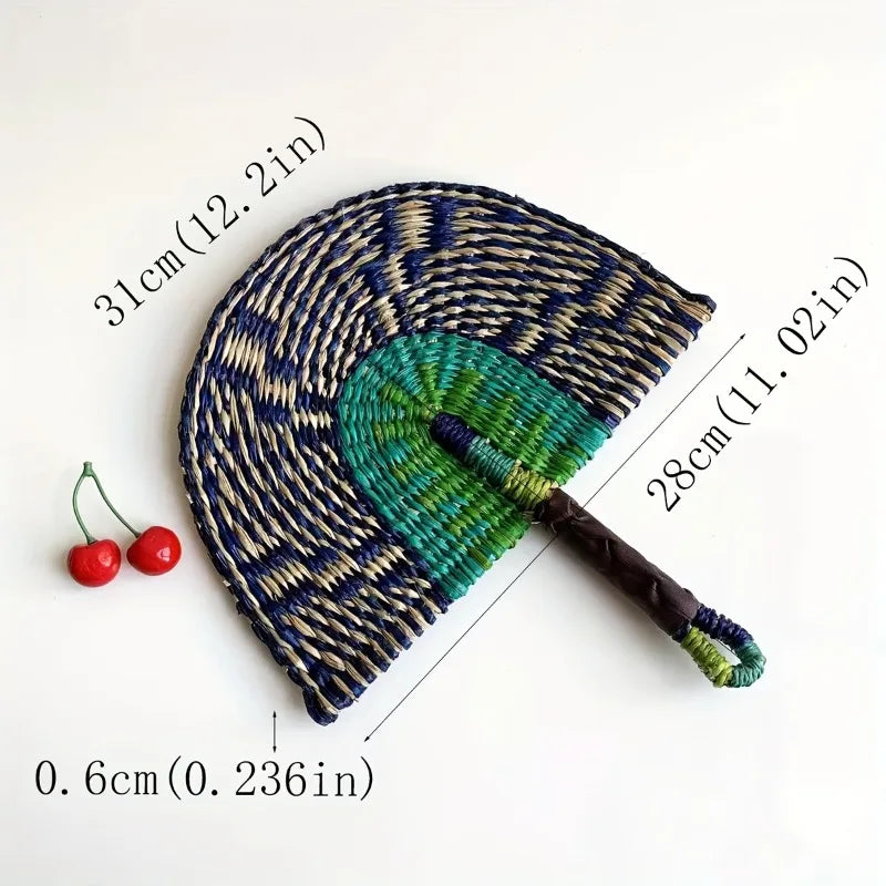 Navy & Green woven fan, about 31 x 28 cm