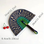 Navy & Green woven fan, about 31 x 28 cm