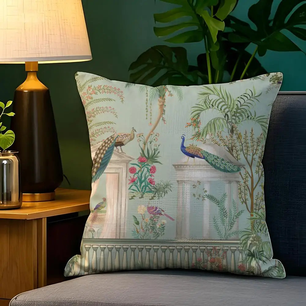 Taj Mahal Peacock Garden Cushion Cover — Mughal-Inspired Decorative Pillowcase