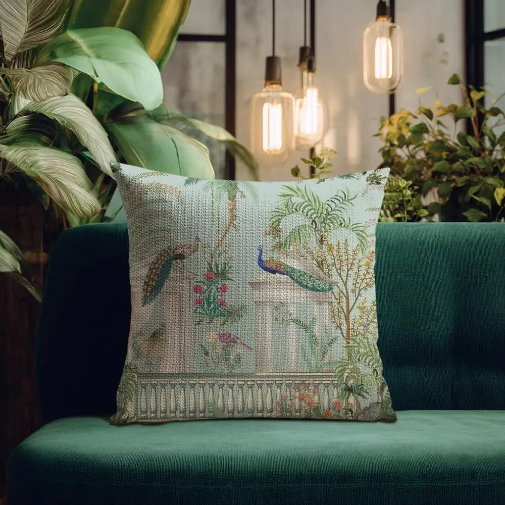 Taj Mahal Peacock Garden Cushion Cover — Mughal-Inspired Decorative Pillowcase