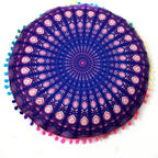 Indian Mandala Round Floor Cushion Cover — Boho Pom-Pom Pouf Cover