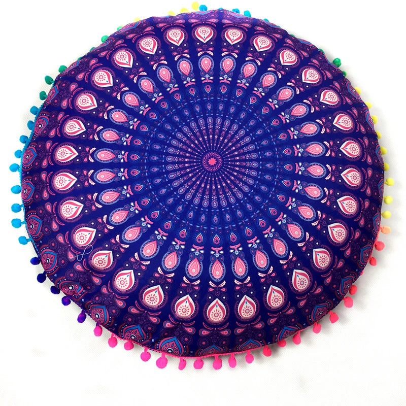 Indian Mandala Round Floor Cushion Cover — Boho Pom-Pom Pouf Cover