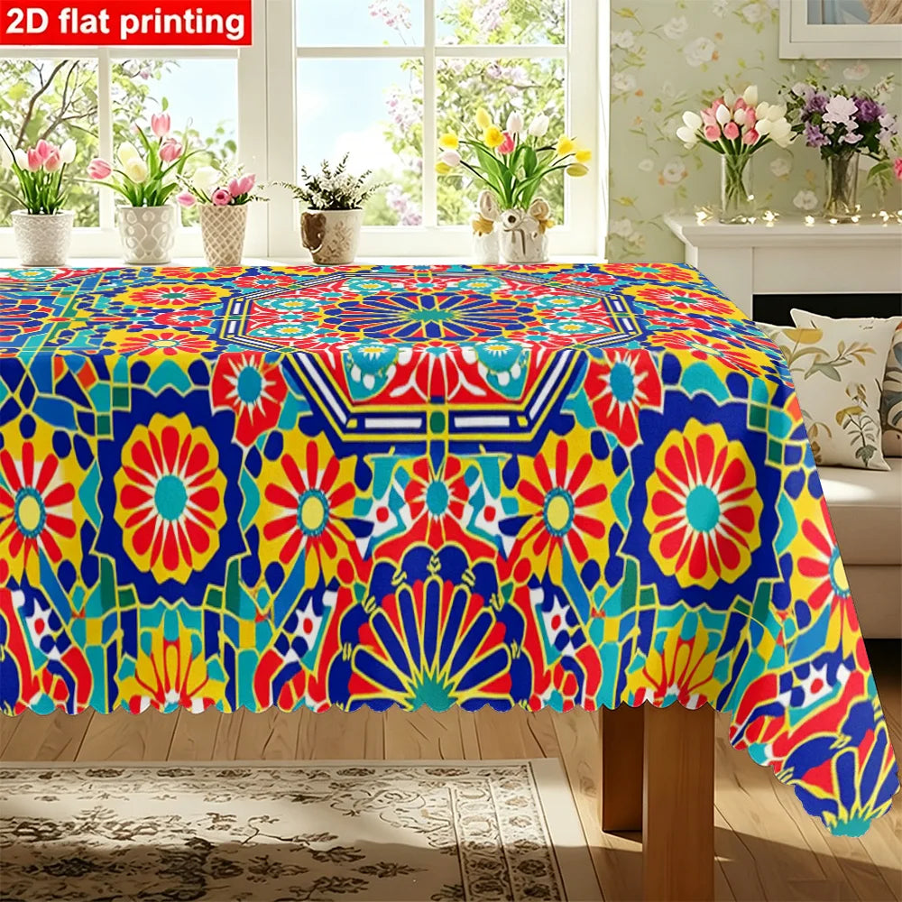 Moroccan Zellige Tile Tablecloth — Vibrant Geometric Floral Table Cover