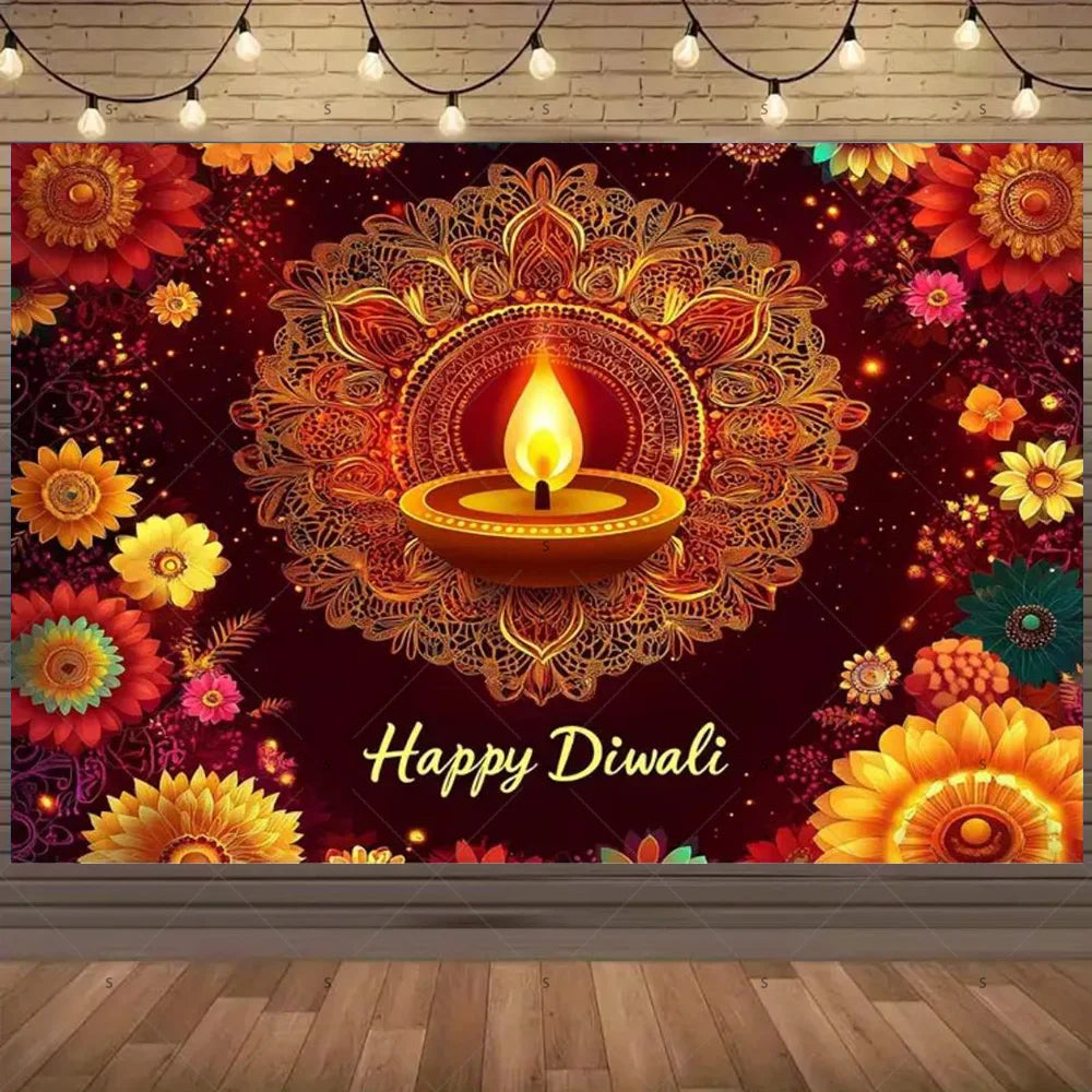 Happy Diwali Backdrop — Diya & Lotus Festival Photo Banner, 25 Designs