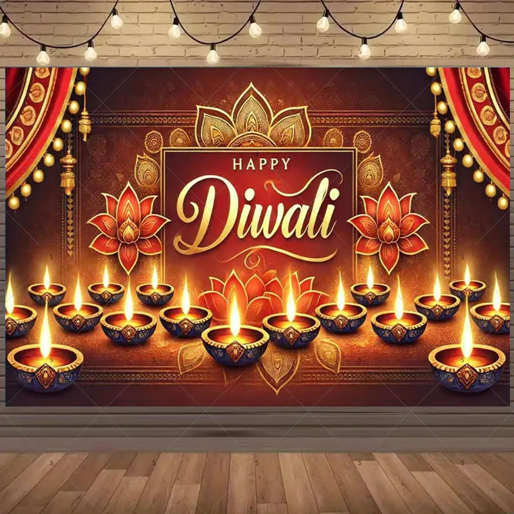 Happy Diwali Backdrop — Diya & Lotus Festival Photo Banner, 25 Designs