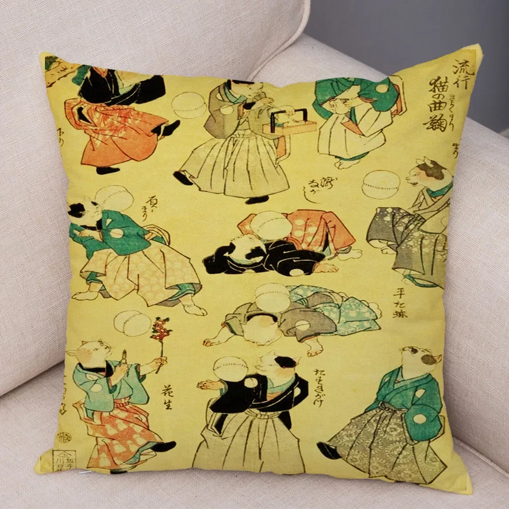 Vintage Japanese Samurai Cat Tattoo Cushion Cover Decor Retro Animal Pillowcase Sofa Home Car