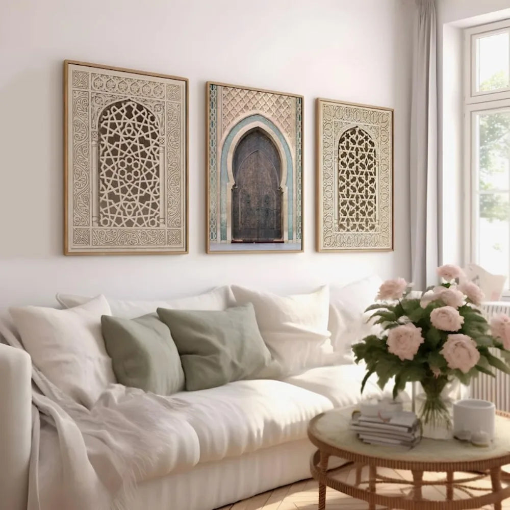Moroccan Arch Window Canvas Print — 3-Panel Geometric Wall Art Set