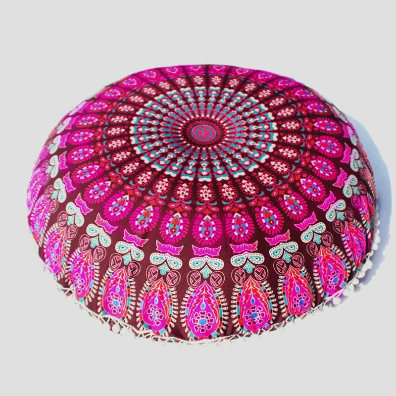 Indian Mandala Round Floor Cushion Cover — Boho Pom-Pom Pouf Cover