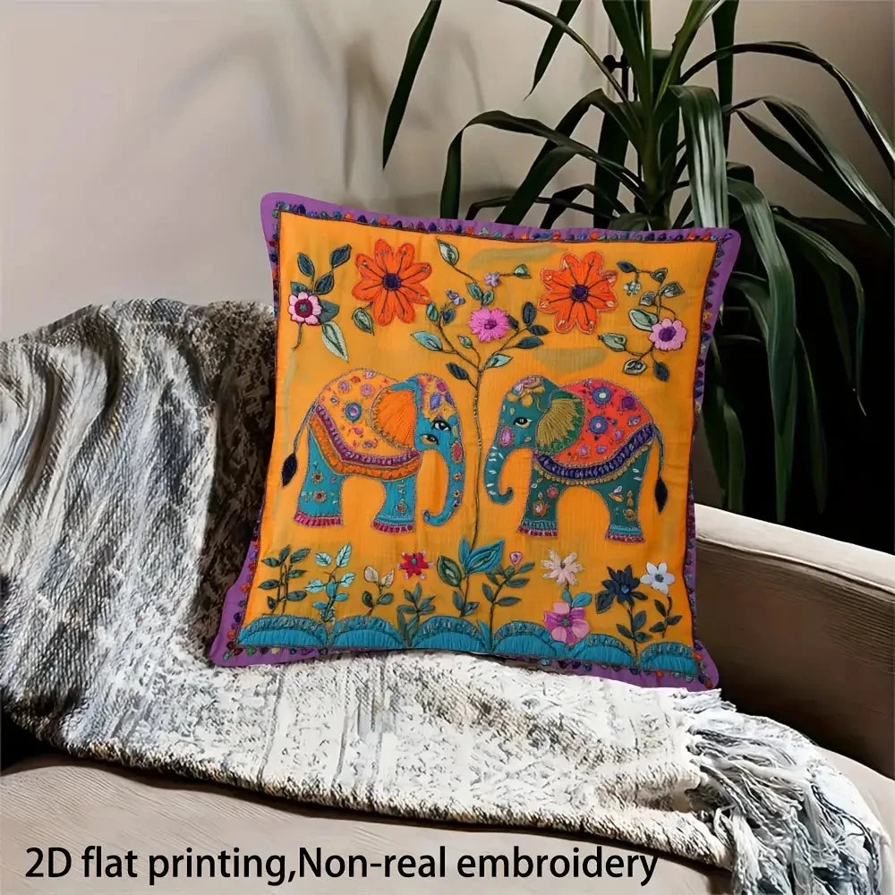 Twin Elephant Floral Cushion Cover — Bohemian Throw Pillow
