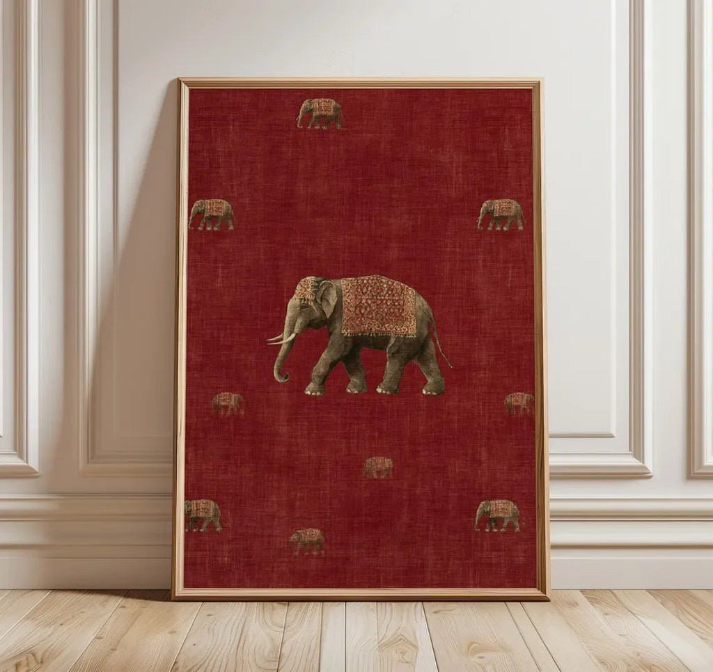 Red Tribal Elephant Wall Art — Indian Boho Canvas Print
