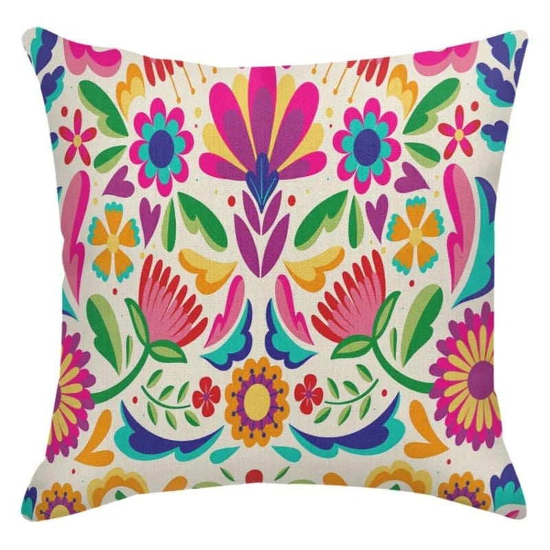 Otomi-Inspired Bird & Floral Pillow Cover — Mexican Folk Art Cushion Cover