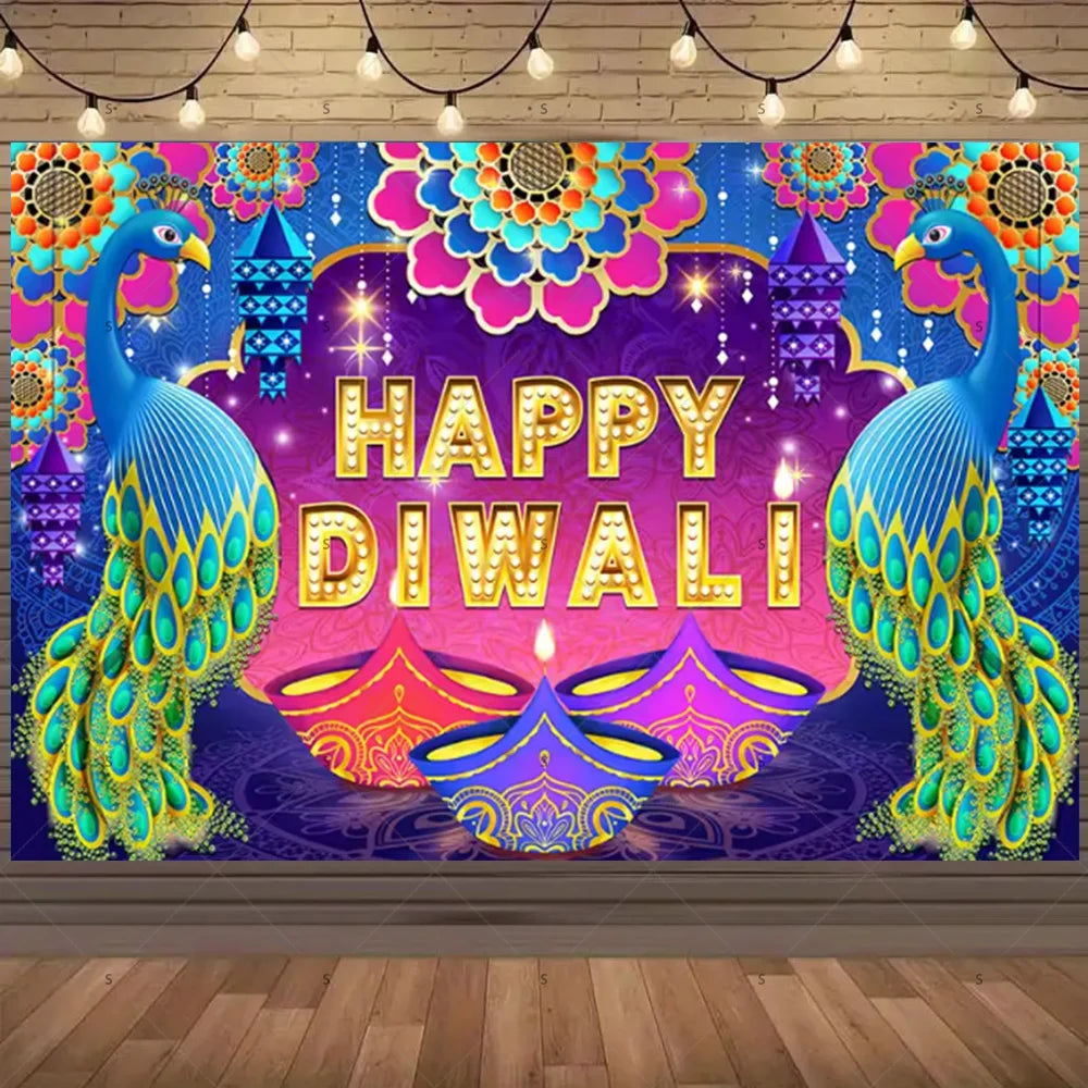 Happy Diwali Backdrop — Diya & Lotus Festival Photo Banner, 25 Designs