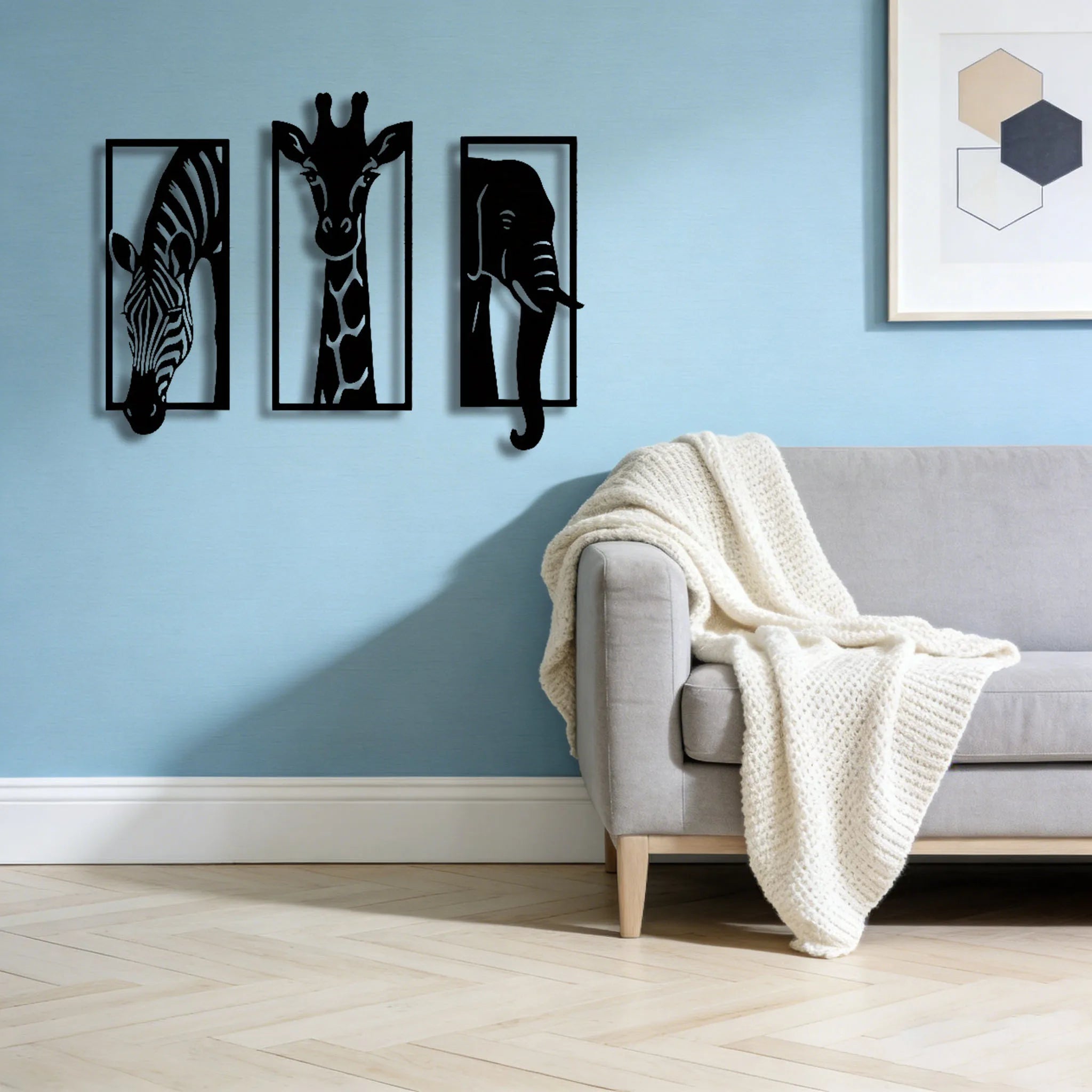 Safari Animal Metal Wall Art Set — 3-Piece Elephant, Giraffe & Zebra Décor