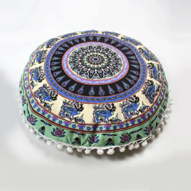 Indian Mandala Round Floor Cushion Cover — Boho Pom-Pom Pouf Cover