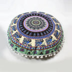 Indian Mandala Round Floor Cushion Cover — Boho Pom-Pom Pouf Cover