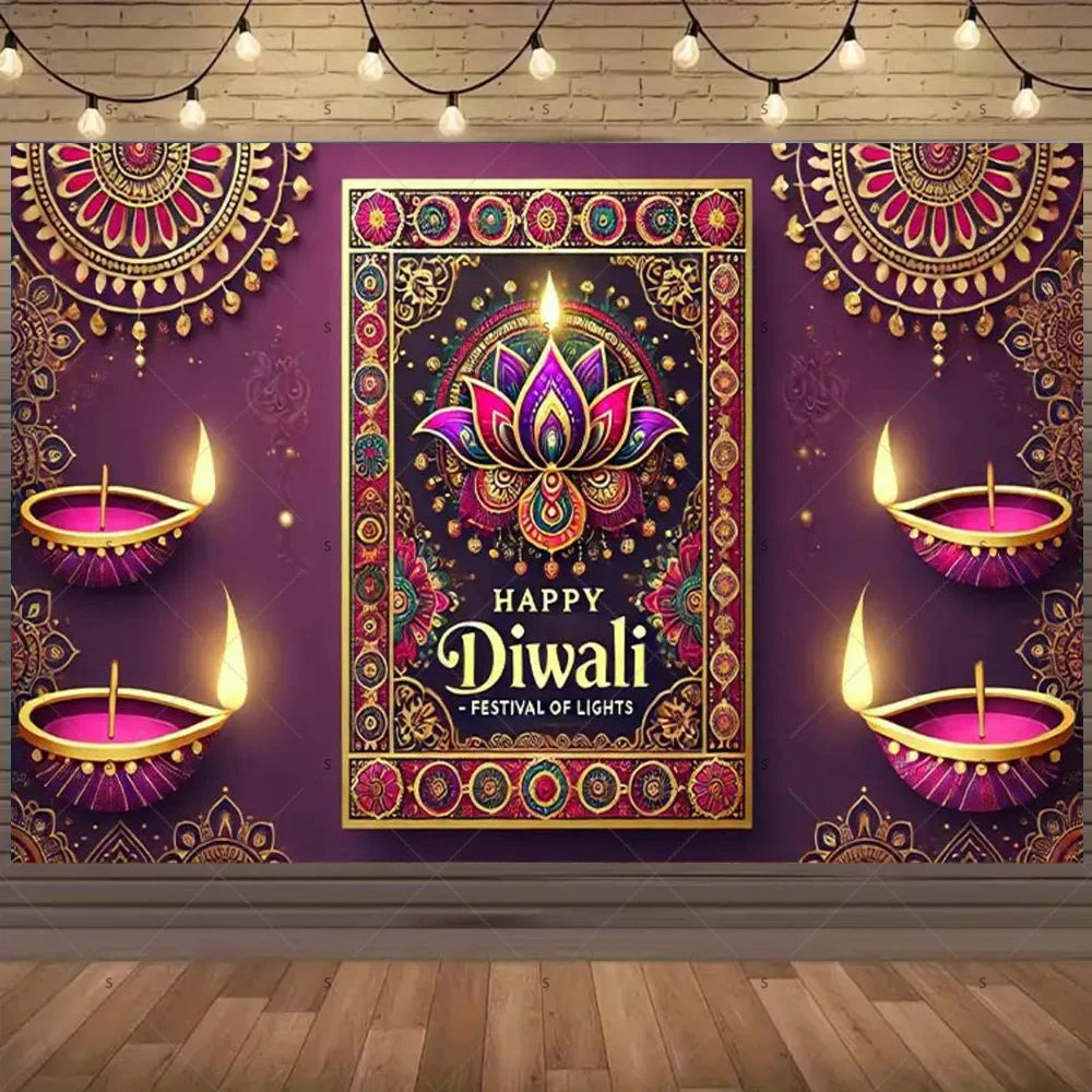Happy Diwali Backdrop — Diya & Lotus Festival Photo Banner, 25 Designs