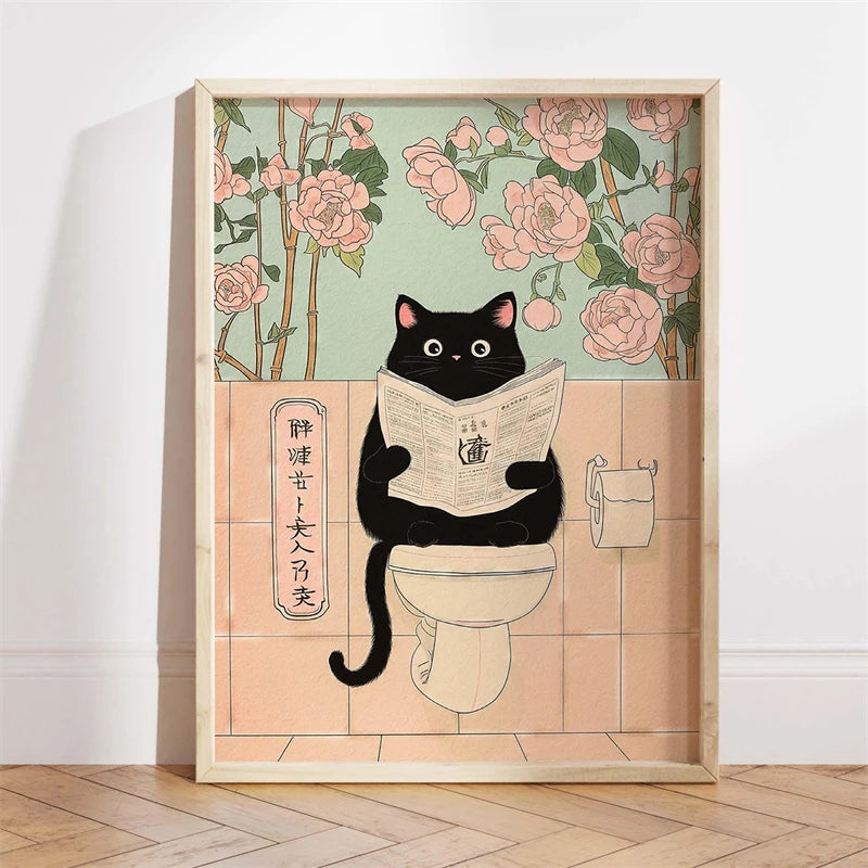 Japanese Ukiyo-e Style Funny Black Cat Bathroom Poster Print Canvas Painting Wall Art Picture for Kitchen Bathroom Home Decor