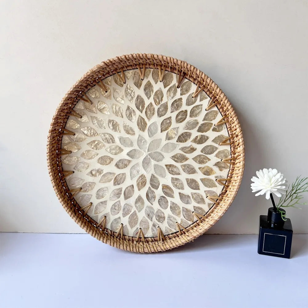 Capiz Shell Mosaic Woven Rattan Tray — Filipino-Inspired Wall & Serving Décor