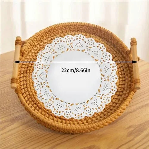 Rattan Woven Round Tray — Handcrafted Fruit & Snack Basket