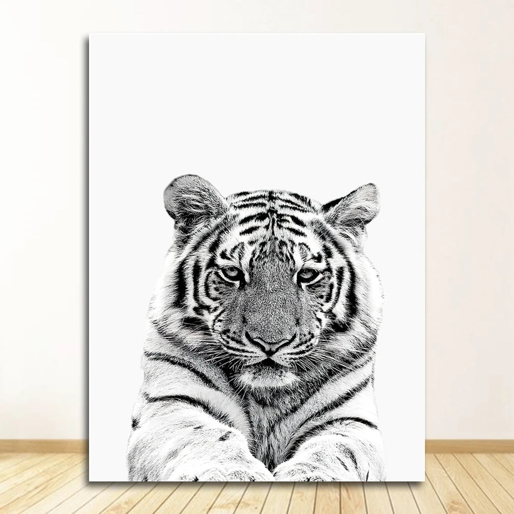 Kids Room Wall Art Poster - Black & White Safari Animals Print Featuring Lion Zebra & Elephant - Canvas Decoration for Nursery