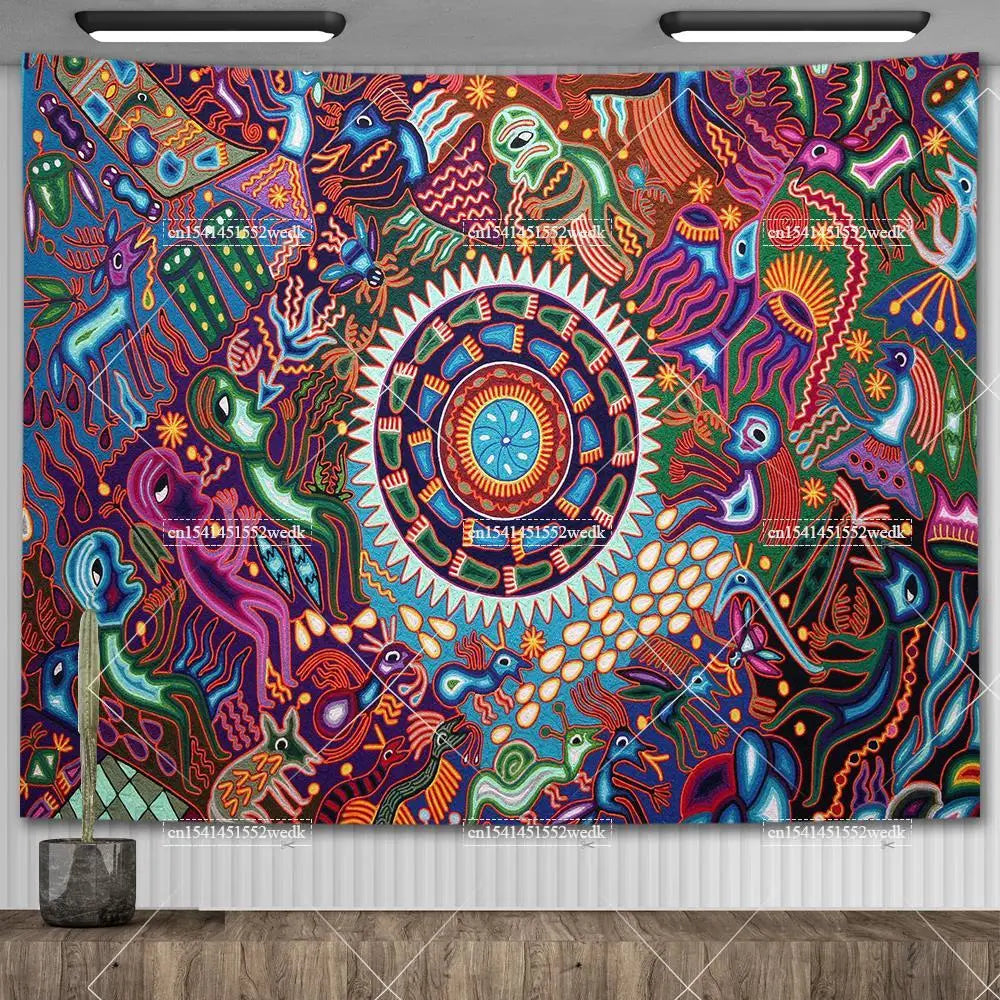 Huichol-Inspired Mexican Yarn Art Tapestry Wall Hanging – Vibrant Mandala Home Decor