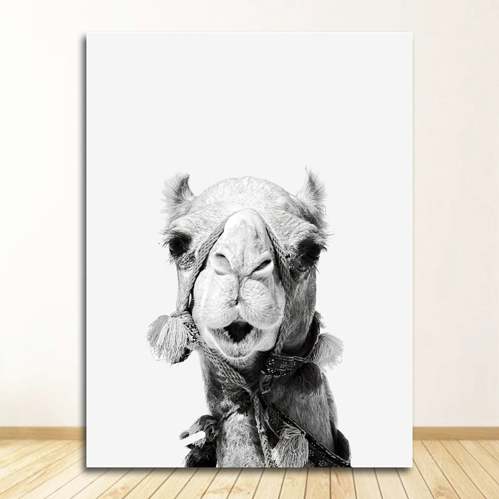 Kids Room Wall Art Poster - Black & White Safari Animals Print Featuring Lion Zebra & Elephant - Canvas Decoration for Nursery