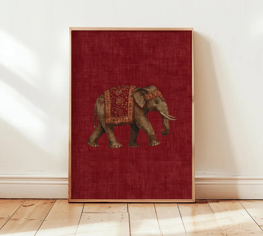 Red Tribal Elephant Wall Art — Indian Boho Canvas Print
