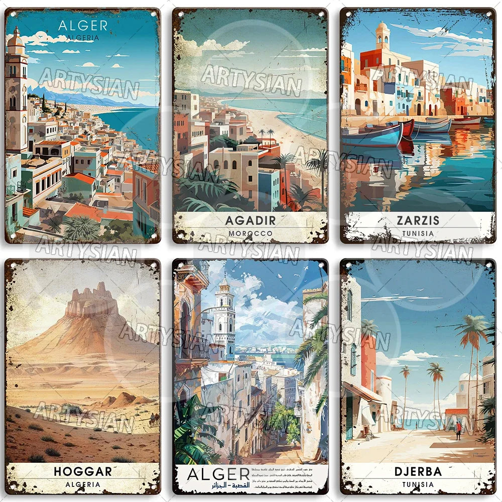 Maghreb Travel Cityscape Metal Sign Egypt Algiers Algeria Djerba Tunisia Marrakesh Morocco Alger Hoggar Oran Casablanca Agadir