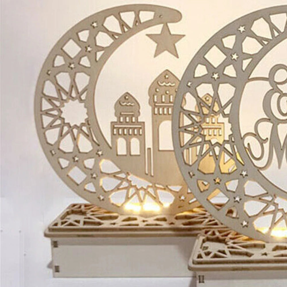 Ramadan Mubarak LED Wooden Ornament — Moon & Star Eid Decoration