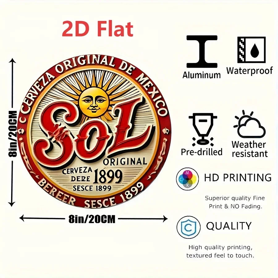 2D Flat "Sol Cerveza Original" Round Tin Sign - Vintage Mexican Beer Sun Logo Metal Wall Decor for Bar, Man Cave, Garage, Beer L