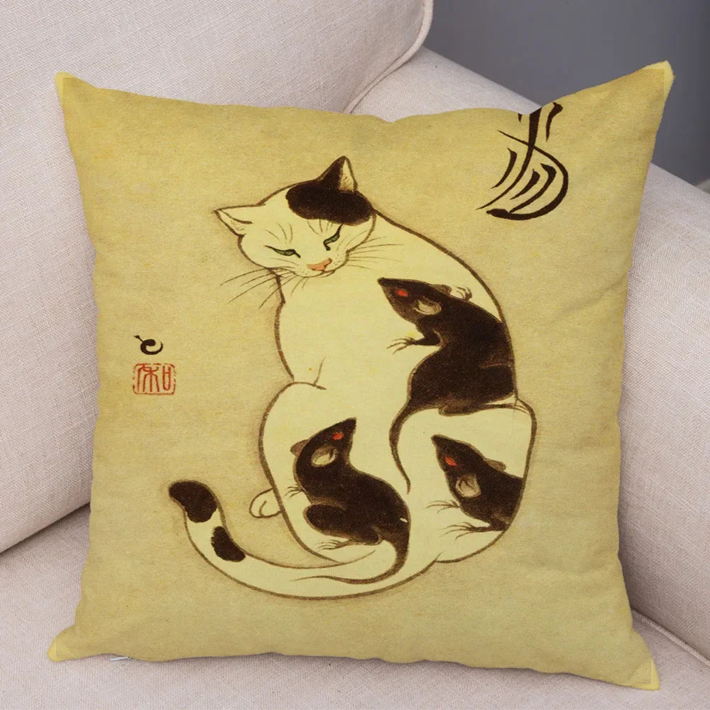 Vintage Japanese Samurai Cat Tattoo Cushion Cover Decor Retro Animal Pillowcase Sofa Home Car