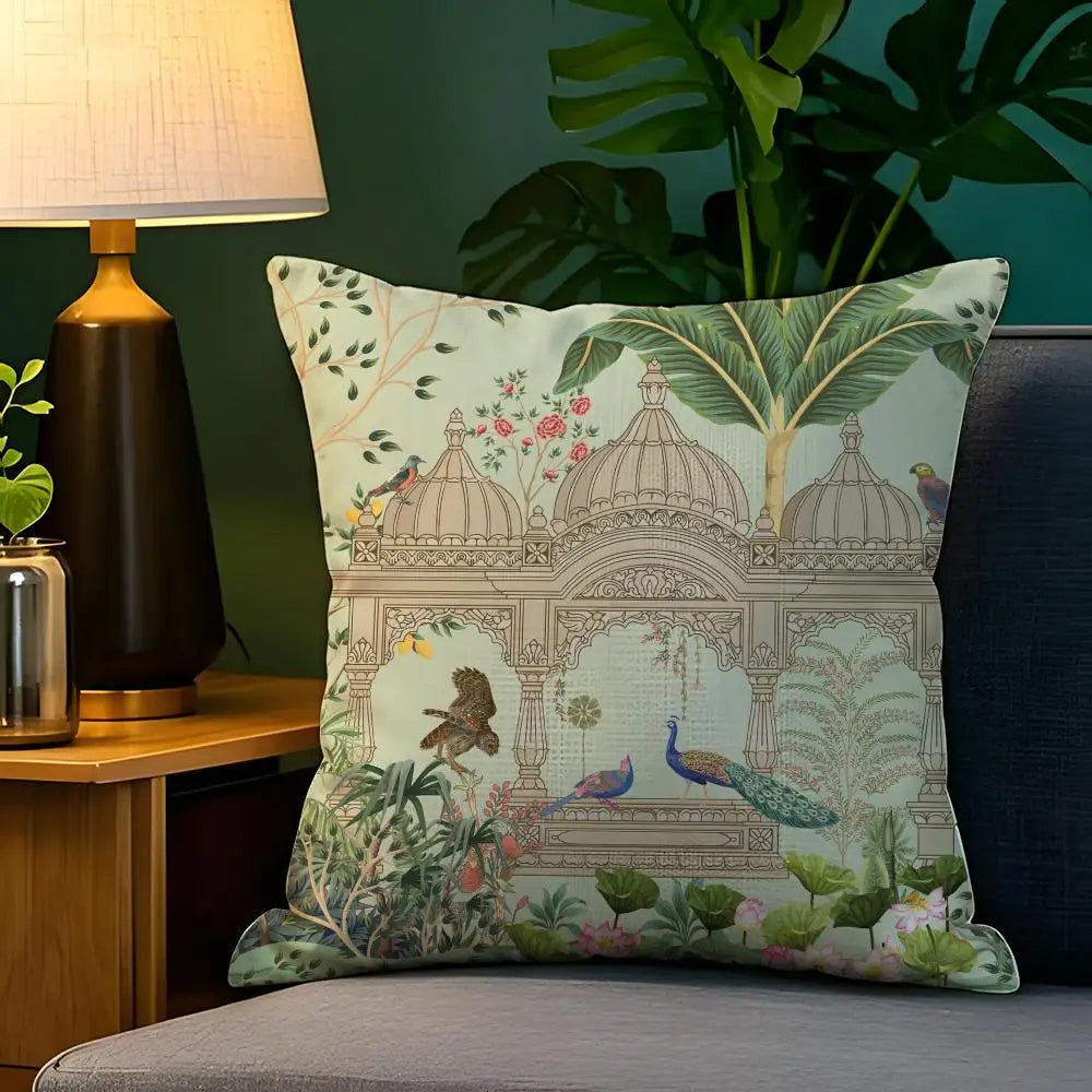 Taj Mahal Peacock Garden Cushion Cover — Mughal-Inspired Decorative Pillowcase