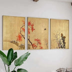 Japanese Gold Screen Floral Canvas Set of 3 – Rinpa-Style Botanical Wall Art, Japanese Home Decor