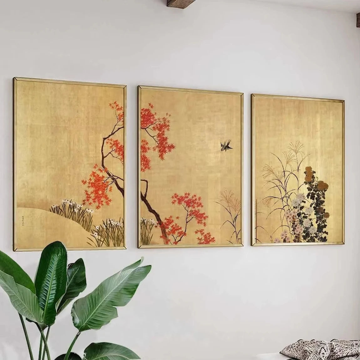 Japanese Gold Screen Floral Canvas Set of 3 – Rinpa-Style Botanical Wall Art, Japanese Home Decor
