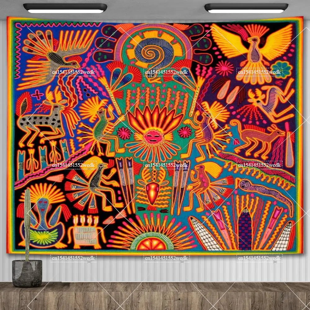 Huichol-Inspired Mexican Yarn Art Tapestry Wall Hanging – Vibrant Mandala Home Decor
