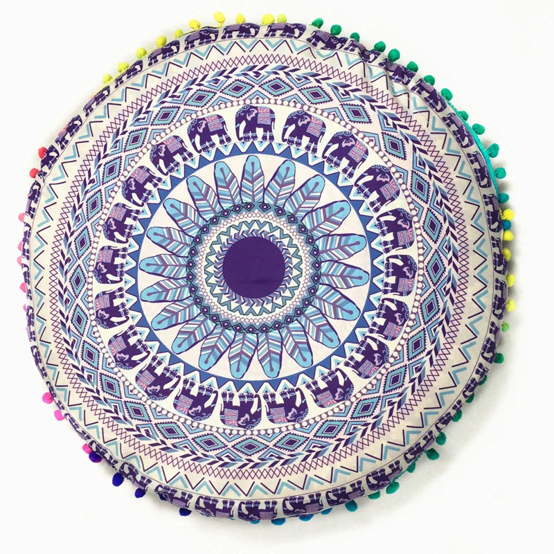 Indian Mandala Round Floor Cushion Cover — Boho Pom-Pom Pouf Cover