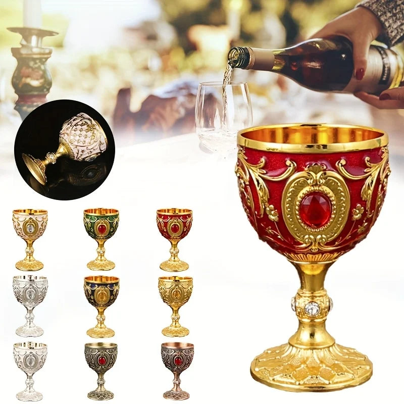 Vintage Embossed Metal Wine Goblet — Gemstone Accent Decorative Cup