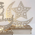 Ramadan Mubarak LED Wooden Ornament — Moon & Star Eid Decoration