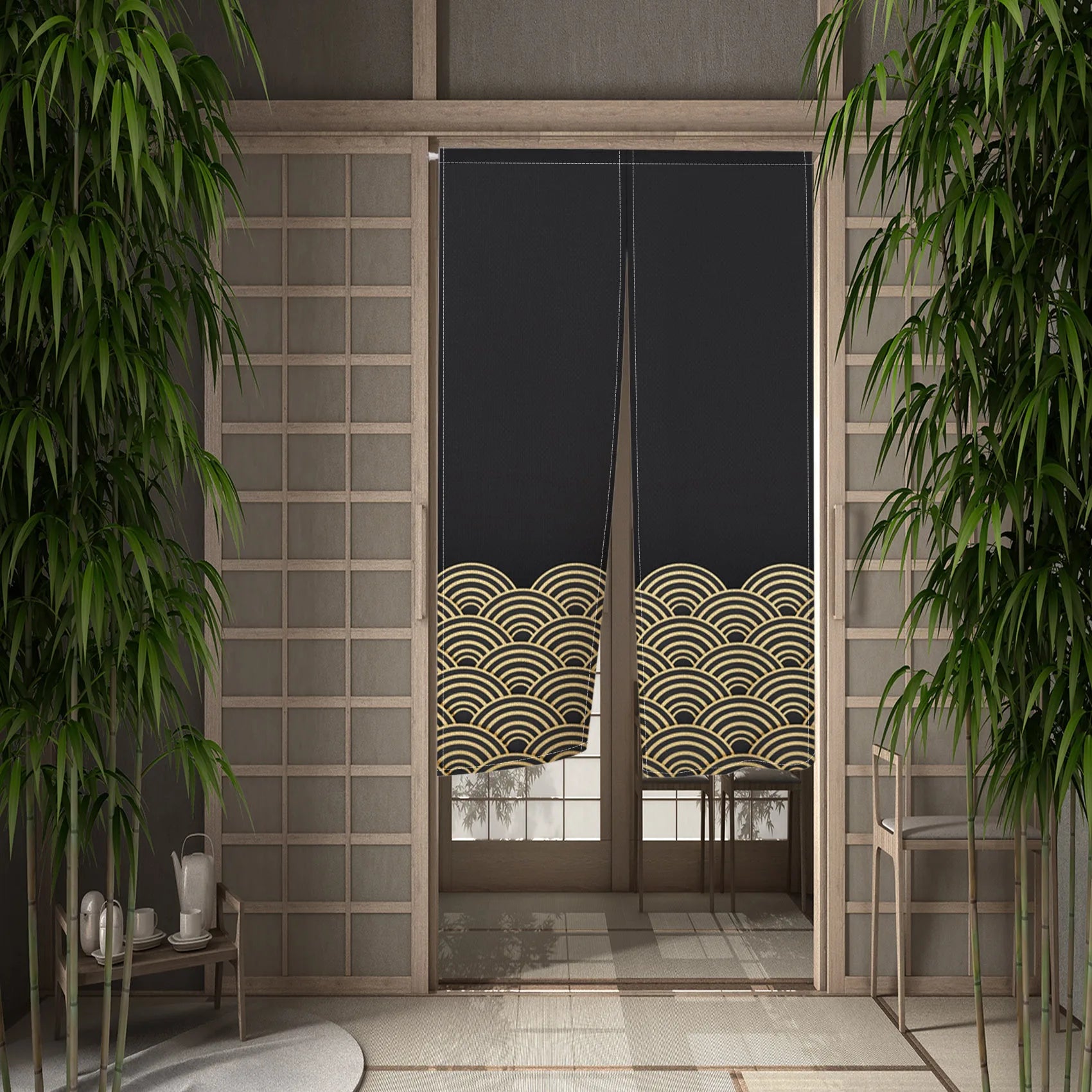 Traditional Japanese Wave Pattern Door Curtain Linen Durable Stylish Bedroom Kitchen Entrance Decor Partition Half Curtain