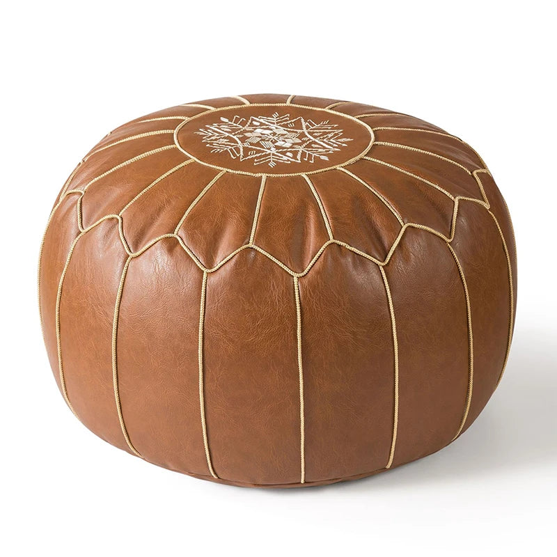 Moroccan Leather Pouf Cover — Hand-Embroidered Round Ottoman, Unstuffed