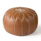 Moroccan Leather Pouf Cover — Hand-Embroidered Round Ottoman, Unstuffed