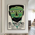 Design 3: El Maestro green mosaic jade mask vintage Mexican poster