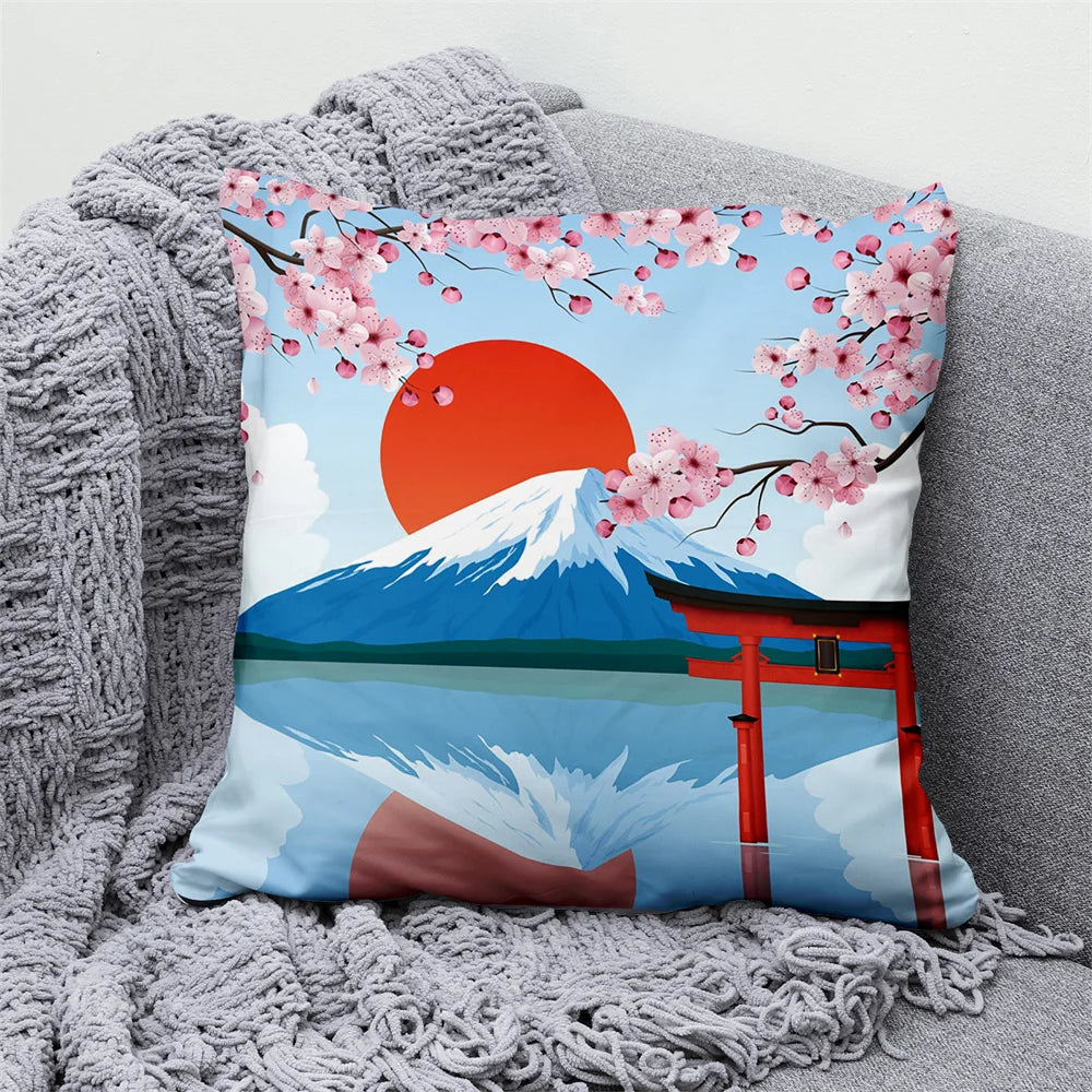 Lucky Cat & Mount Fuji Cushion Cover — Japanese Art Pillow