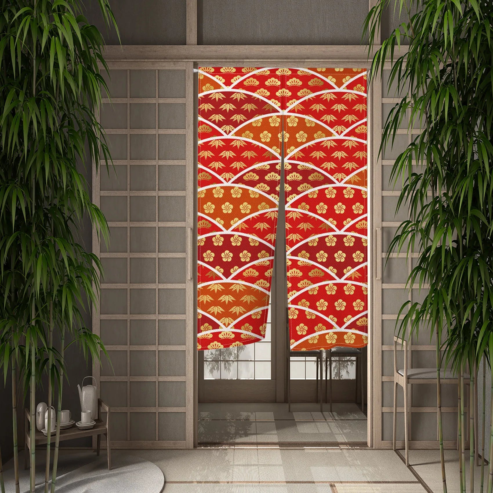 Traditional Japanese Wave Pattern Door Curtain Linen Durable Stylish Bedroom Kitchen Entrance Decor Partition Half Curtain