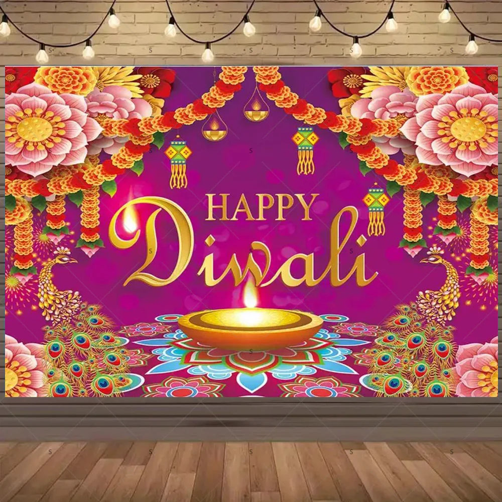 Happy Diwali Backdrop — Diya & Lotus Festival Photo Banner, 25 Designs